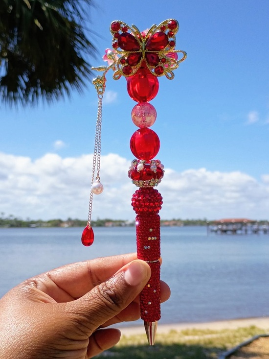 Accessories - Handcrafted Red Beaded Butterfly Crystal Beaded Pen